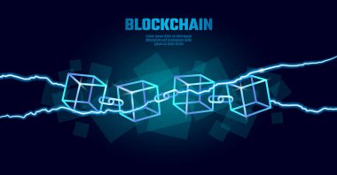 Blockchain küp zinciri sembolü kare kod büyük veri akışı bilgilerini. Mavi neon parlayan modern eğilim. Cryptocurrency finans bitcoin iş kavramı vektör çizim arka plan şablonu
