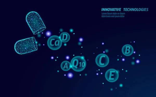 Low-Poly geöffnete Medikamentenkapsel. Medizin Banner Vorlage blau leuchtende Medikamente präbiotische Vitamine Gesundheit Heilung Krankheit. Antibiotika Nahrungsergänzungsmittel 3D polygonale Vektorillustration — Stockvektor