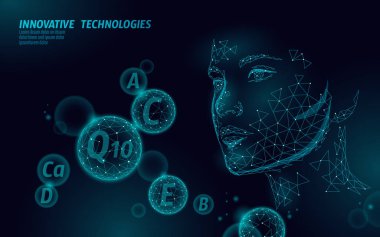 Sağlıklı cilt vitamini karmaşık düşük poli küre kabarcık. Sağlık ek kadın yüzü anti-aging güzellik kozmetik banner şablon. 3D koenzim Q10, C, E. tıp bilim vektör çizim