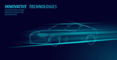Düşük Poli spor araba koyu arka plan üzerinde. Hızlı hızlı otoyol otomobil yenilikçi teknoloji 3d render. Mavi parlak ışık ray üçgen geometrik kavramı vektör çizim