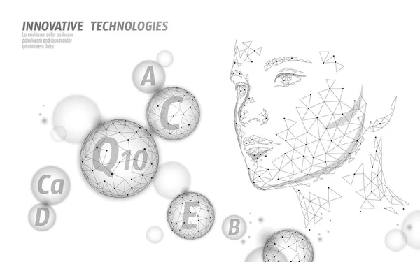 건강 한 피부 비타민 복잡 한 낮은 폴 리 구 거품이 있다입니다. 건강 보충 여성 얼굴 안티 에이징 뷰티 화장품 배너 템플릿. 3d 코엔자임 Q10, C, E. 의학 과학 벡터 일러스트 레이 션 — 스톡 벡터