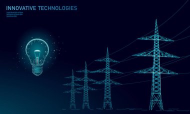 Düşük Poli yüksek gerilim güç hattı fikir ampul. Sanayi dikmesi özetliyor karanlık gece mavi gökyüzü üzerinde elektrik. Yenilik elektrik teknoloji çözüm banner şablon vektör çizim