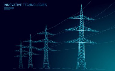 Düşük Poli yüksek gerilim güç hattı siluet. Sanayi dikmesi özetliyor karanlık gece mavi gökyüzü üzerinde elektrik. Yenilik ecectrical teknoloji banner şablon vektör çizim