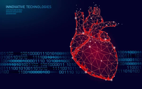 Coração humano saudável bate modelo de medicina 3d baixo poli. Triângulo pontos conectados ponto de brilho fundo vermelho. Corpo interno de pulso moderna forma anatômica tecnologia inovadora renderizar ilustração vetorial —  Vetores de Stock