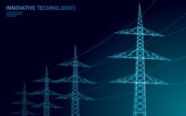 Düşük Poli yüksek gerilim güç hattı siluet. Sanayi dikmesi özetliyor karanlık gece mavi gökyüzü üzerinde elektrik. Yenilik ecectrical teknoloji banner şablon vektör çizim