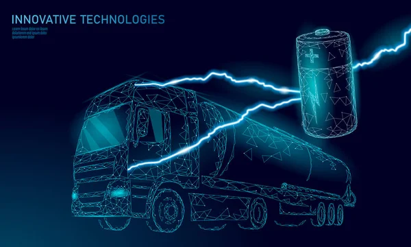 Moc baterii poly niski Elektryczny wózek. Akumulator zielony środowisko ekologiczne transportu firmy przyczepy. Duża szybkość widok perspektywiczny naczepy na autostradzie. ilustracja wektorowa 3D — Wektor stockowy