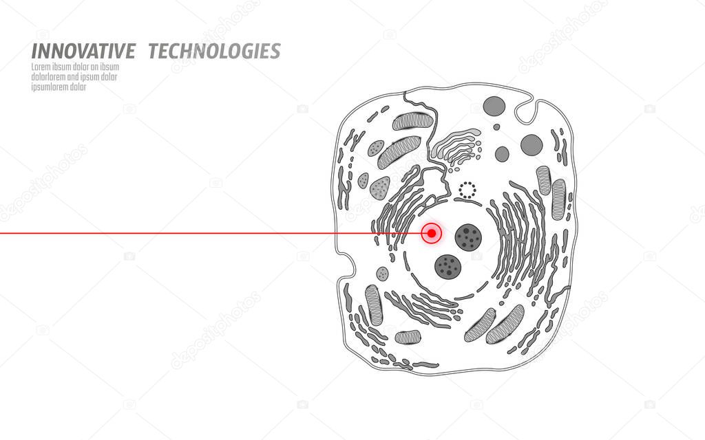 Microscopic animal cell. Modified GMO human cell gene therapy engeneering. White scheme red laser vector illutration