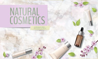 Bahar satışı kiraz çiçeği organik kozmetik reklam şablonu. Cilt Bakımı özü pembe bahar Promo teklif çiçek 3D gerçekçi mockup. Gümüş arka plan Yassı mermer vektör yatıyordu