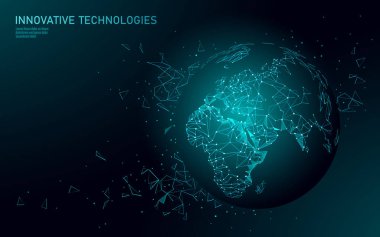 Düşük Poly Planet Earth küresel iş bağlantısı. Küresel Online Ağ Dünya Haritası Avrupa Afrika kıta. Uluslararası Ortaklık iletişimi Çokgen nokta küreselleşme vektör illüstrasyon