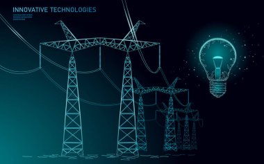 Düşük Poli yüksek gerilim güç hattı fikir ampul. Sanayi dikmesi özetliyor karanlık gece mavi gökyüzü üzerinde elektrik. Yenilik elektrik teknoloji çözüm banner şablon vektör çizim