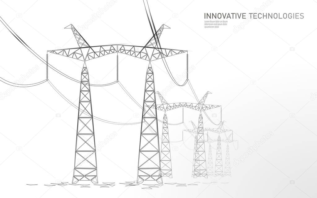 Low poly high voltage power line silhouette. Electricity supply industry pylons outlines on dark night blue sky. Innovation ecectrical technology banner template vector illustration