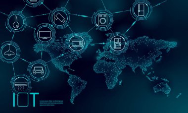 Mavi uzay planet Earth Internet şeyler simgesi yenilik teknoloji kavramı. Kablosuz iletişim ağı çok ICT. Akıllı sistem Otomasyon modern Ai bilgisayar online vektör çizim
