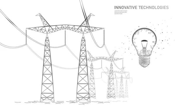 Lampadina idea linea di alimentazione ad alta tensione a basso poli. Elettricità fornitura industria piloni delinea grigio su bianco. Innovazione tecnologia elettrica soluzione banner modello illustrazione vettoriale — Vettoriale Stock