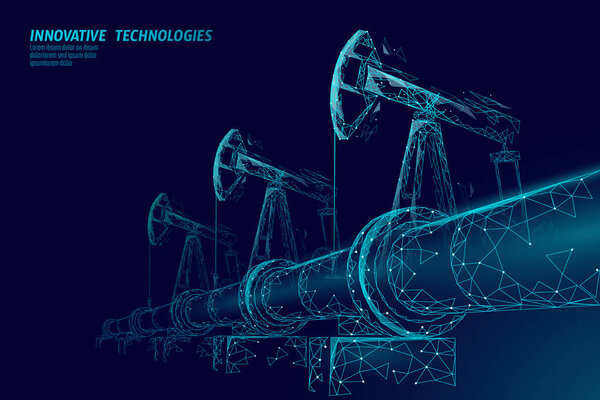 Oil pipeline low poly business concept. Finance economy polygonal petrol production. Petroleum fuel industry transportation line connection dots blue vector illustration