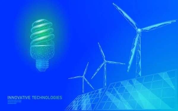 Świetlówki kompaktowe żarówki wiatraki pomysł biznes koncepcja. Ekologia zapisać środowiska wiatrowa zielonej energii zrównoważonej. Niebieski zielony low poly wielokątne 3d Trójkąt wektor ilustracja — Wektor stockowy