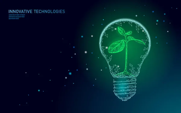 Lampe ampoule économie d'énergie concept écologie. Illustration vectorielle de bannière de puissance d'énergie verte de petite plante de germe bleu clair polygonal à l'intérieur de l'électricité — Image vectorielle