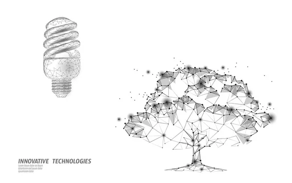 Árbol fluorescente eco lámpara ahorrar concepto de energía. Bajo poli 3D bombilla idea ambiente ecología solución. Naturaleza planeta poder economía vector ilustración — Vector de stock