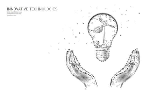 Luz de mano Lámpara bombilla ahorrando energía concepto de ecología. Germinación azul poligonal pequeña planta de plántulas dentro de la electricidad energía verde bandera de energía vector ilustración — Archivo Imágenes Vectoriales