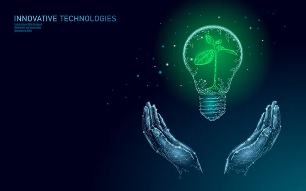 Hand met gloeilamp licht ecologie energieconcept opslaan. Veelhoekige blauwe sprout plantje zaailing binnen elektriciteit groene energie macht banner vectorillustratie — Stockvector