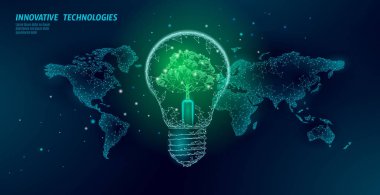 Dünya haritasında ağaç ile ampul. Lamba tasarrufu enerji ekoloji ortamı fikir kavramı. Poligon ışık elektrik enerji güç afiş vektör yeşil