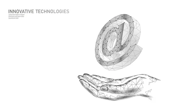 En el correo electrónico signo de redes sociales. Baja poli 3D poligonal en la notificación de símbolo en el atractivo personal del mensajero. Comunicación en línea mensaje web móvil en mano agente de correo vector ilustración — Archivo Imágenes Vectoriales