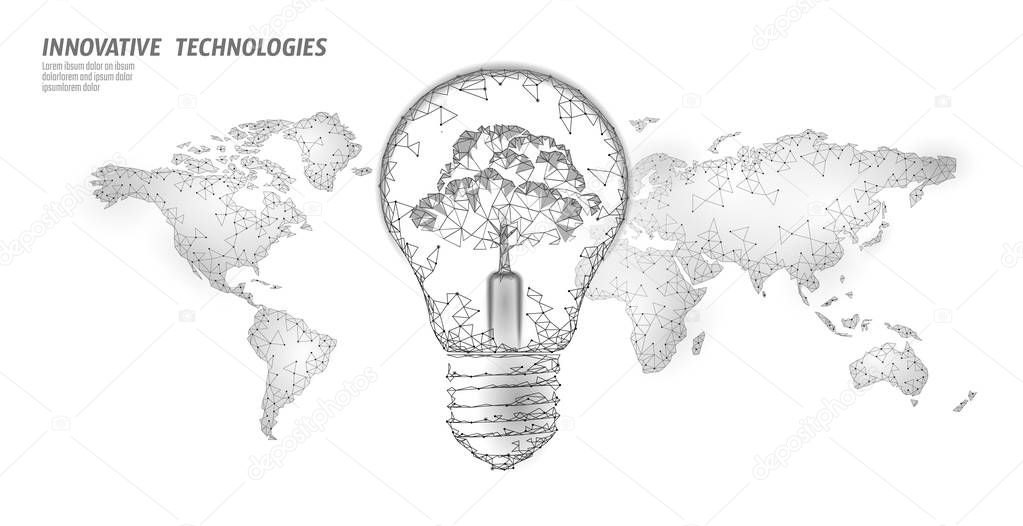 Light bulb with tree on world map. Lamp saving energy ecology environment idea concept. Polygonal light electricity green energy power banner vector illustration