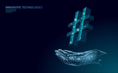 3D hashtag sembolü koyu mavi parlak düşük polimerli. Çevrimiçi sosyal medya paylaşımı arama iletileri. El vektörü illüstrasyonunda bilgi yeniliği web teknolojisi