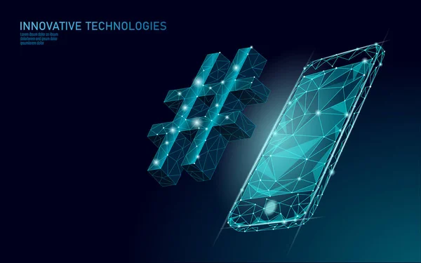 3D σύμβολο # χρώμα σκούρο μπλε λάμπει χαμηλή πολυ. Επικοινωνία μέσω διαδικτυακών μέσων κοινωνικής δικτύωσης. Τεχνολογία τεχνολογίας Web καινοτομίας ιστού smartphone απεικόνιση διάνυσμα — Διανυσματικό Αρχείο
