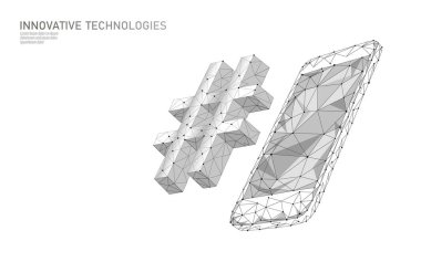 3d hashtag sembolü beyaz nötr düşük poli. İletişim online sosyal medya paylaşmak arama mesajları. Bilgi yenilik web teknolojisi akıllı telefon vektör illüstrasyon