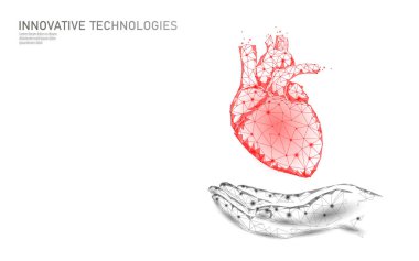 Düşük poli kalp sağlığı gün. Küresel kardiyak farkındalık tıp afiş anatomik sağlık kan sistemi testi. Doktor online danışma vektör illüstrasyon