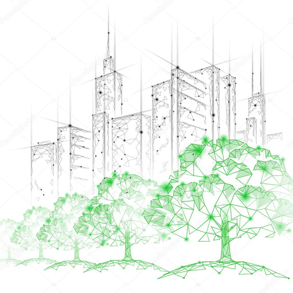 Low poly tree park cityscape. Ecology save nature concept. Eco idea forest in urban skyscrape city. Environmental pollution poster template vector illustration