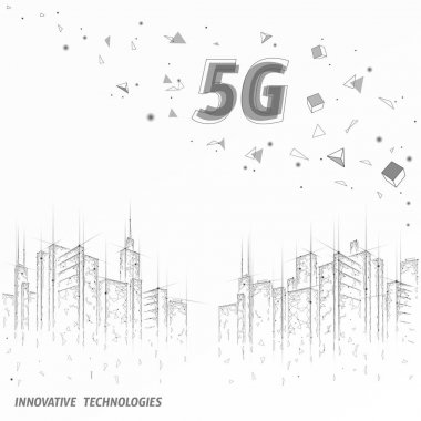 5G yeni kablosuz internet kablosuz bağlantısı. Şehir manzaralı şehir binaları. Küresel ağ yüksek hız yenilikçiliği veri hızı teknolojisi çizimi