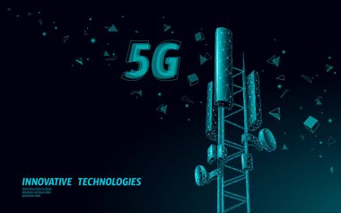 3d baz istasyonu alıcısı. telekomünikasyon kulesi 5g çokgen tasarım küresel bağlantı bilgi vericisi. Mobil radyo anteni hücresel vektör illüstrasyon
