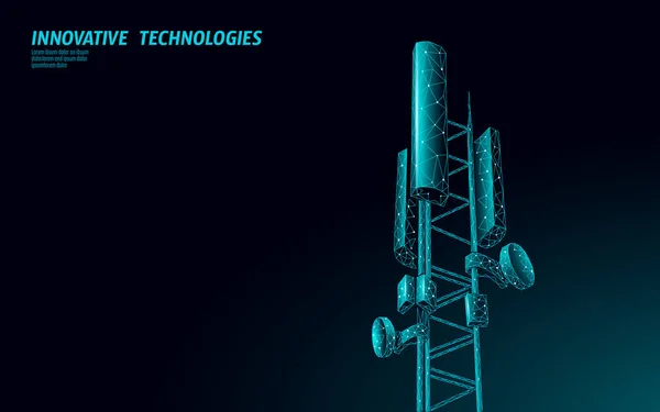 3d Basisstation Empfänger. Telekommunikationsturm 5g polygonales Design globaler Verbindungsinformationssender. Mobilfunk-Antenne zellulärer Vektor Illustration — Stockvektor