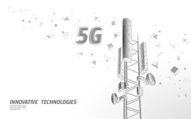 3d baz istasyonu alıcısı. telekomünikasyon kulesi 5g çokgen tasarım küresel bağlantı bilgi vericisi. Mobil radyo anteni hücresel vektör illüstrasyon