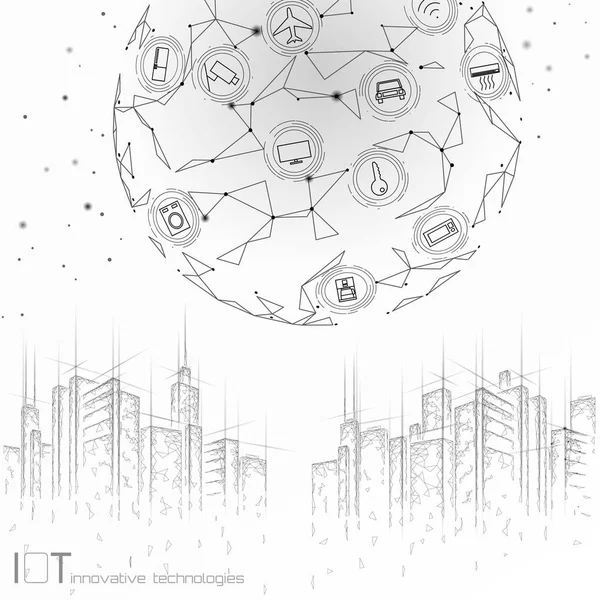 Internet des objets bas poly smart city treillis métallique 3D. Automatisation intelligente des bâtiments Concept IOT. Illustration vectorielle moderne de bannière de technologie de paysage urbain sans fil de contrôle en ligne — Image vectorielle