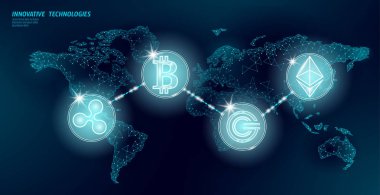 Küresel uluslararası blockchain kripto para birimi. Dünya haritası düşük poli modern gelecek finans bankacılık tasarımı. Poligonal üçgen bitcoin ethereum dalgalanma Gcc iş vektör illüstrasyon