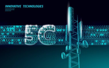 3d baz istasyonu alıcısı. telekomünikasyon kulesi 5g çokgen tasarım küresel bağlantı bilgi vericisi. Mobil radyo anteni hücresel vektör illüstrasyon