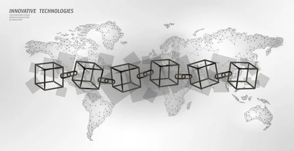 Blockchain cubo cadena símbolo código cuadrado. Flujo internacional de macrodatos. Mapa de la Tierra del planeta blanco. Criptomoneda finanzas bitcoin negocio concepto vector ilustración plantilla — Vector de stock