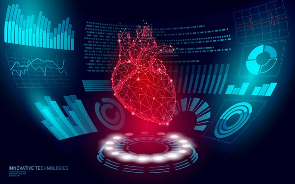 3d low poly human heart hud display Arzt online. Zukunftstechnologie Medizinlabor Web-Untersuchung. Diagnostik des Blutsystems futuristische UI-Vektor-Illustration — Stockvektor