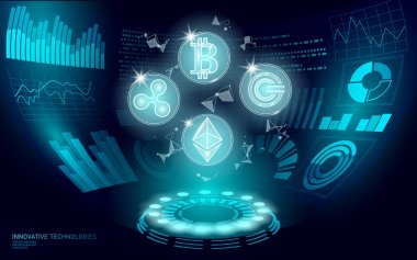 3d düşük poli dijital kripto para Birimi Hud ekran. Gelecek web online ödeme. Büyük veri bilgi alışverişi teknolojisi. Mavi soyut web internet elektronik ödeme Ui vektör illüstrasyon