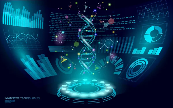 Exibição 3D da IU do HUD do ADN da terapia genética do poli baixo. Linha de ponto triangular poligonal futura saudável Medicina abstrata azul vetor de engenharia de genoma ilustração tecnologia de negócios futura —  Vetores de Stock