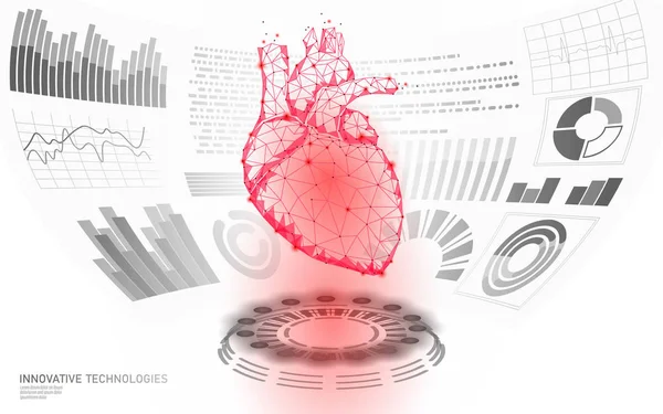 3D baixo poli coração humano HUD exibir médico online. Exame web futuro laboratório de medicina tecnologia. Diagnóstico de doenças do sistema sanguíneo ilustração vetor UI futurista —  Vetores de Stock