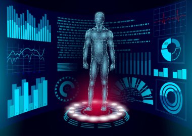 3d düşük poli insan vücudu Hud ekran doktor online. Geleceğin teknoloji tıp laboratuvarı web incelemesi. Kan sistemi hastalığı tanılama fütüristik Ui vektör illüstrasyon