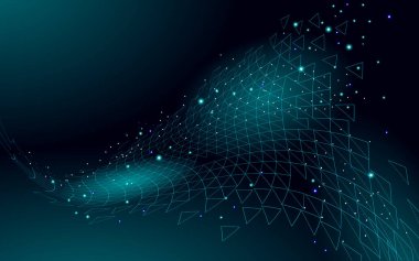 Düşük poli 3d karanlık uzay poligonal. Yenilikçi polimer yapısı. Evren üçgeni kutsal geometri. Veri teknolojisi soyut bilim kurgu. Dijital peyzaj vektör illüstrasyonu