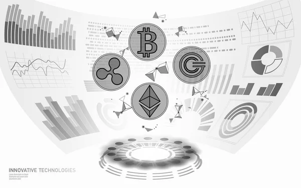 Display HUD a criptovaluta digitale a basso poli 3D. Futuro pagamento web online. Tecnologia per lo scambio di informazioni sui big data. Illustrazione bianca astratta web internet pagamento elettronico UI vettoriale — Vettoriale Stock