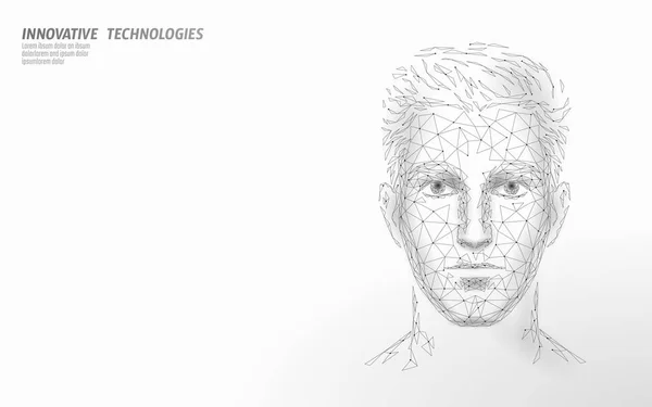 Basso poli maschio volto umano identificazione biometrica. Concetto di sistema di riconoscimento. Dati personali accesso sicuro tecnologia di scansione innovazione. Illustrazione vettoriale di rendering poligonale 3D — Vettoriale Stock