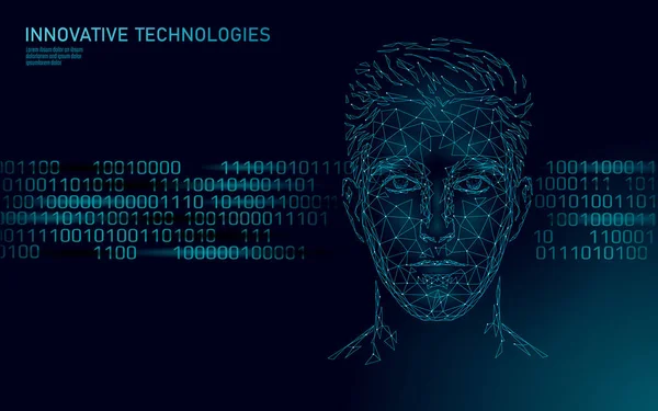 Identificação biométrica da face humana macho poli baixa. AI conceito de sistema assistente de inteligência artificial. chatbot online pessoal ajuda centro de tecnologia de inovação. Ilustração vetorial poligonal 3D — Vetor de Stock