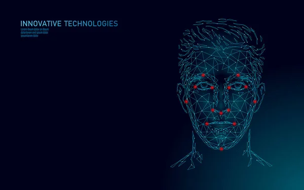 Nízkopatogenní identifikace lidské tváře s Poly-mužem. Koncepce systému hodnocení. Osobní data zabezpečuje přístup k inovačním technologiím. 3D polygonální vykreslování, ilustrace — Stockový vektor