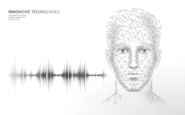 Asistente virtual de tecnología de reconocimiento de voz. Soporte de robot de inteligencia artificial AI. Chatbot hombre hombre cara baja poli vector ilustración — Archivo Imágenes Vectoriales